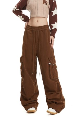 Retro American-Style Women's Wide-Leg Work Pants with Large Pockets - Trendy Loose Straight-Leg Casual Trousers