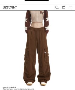 Retro American-Style Women's Wide-Leg Work Pants with Large Pockets - Trendy Loose Straight-Leg Casual Trousers