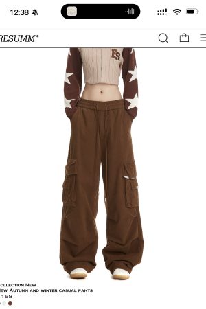 Retro American-Style Women's Wide-Leg Work Pants with Large Pockets - Trendy Loose Straight-Leg Casual Trousers