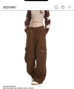 Retro American-Style Women's Wide-Leg Work Pants with Large Pockets - Trendy Loose Straight-Leg Casual Trousers