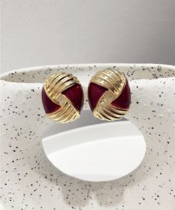 Retro Angora Red Color-Block Striped Geometric Earrings for Autumn/Winter 2025 - Exaggerated Hollow Design