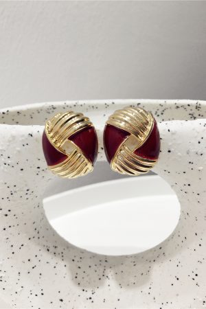 Retro Angora Red Color-Block Striped Geometric Earrings for Autumn/Winter 2025 - Exaggerated Hollow Design