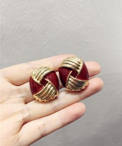 Retro Angora Red Color-Block Striped Geometric Earrings for Autumn/Winter 2025 - Exaggerated Hollow Design
