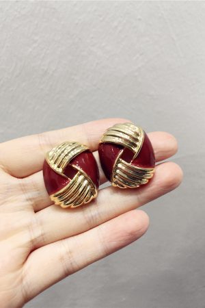 Retro Angora Red Color-Block Striped Geometric Earrings for Autumn/Winter 2025 - Exaggerated Hollow Design