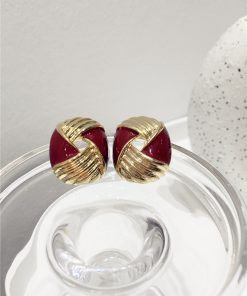 Retro Angora Red Color-Block Striped Geometric Earrings for Autumn/Winter 2025 - Exaggerated Hollow Design