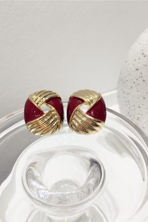 Retro Angora Red Color-Block Striped Geometric Earrings for Autumn/Winter 2025 - Exaggerated Hollow Design