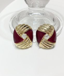 Retro Angora Red Color-Block Striped Geometric Earrings for Autumn/Winter 2025 - Exaggerated Hollow Design
