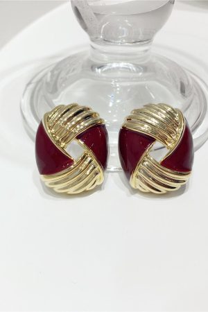 Retro Angora Red Color-Block Striped Geometric Earrings for Autumn/Winter 2025 - Exaggerated Hollow Design