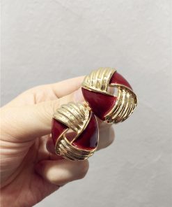Retro Angora Red Color-Block Striped Geometric Earrings for Autumn/Winter 2025 - Exaggerated Hollow Design