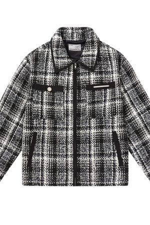Retro Black and White Check Short Jacket with Coarse Tweed and Tassels - 90s Inspired American Fashion