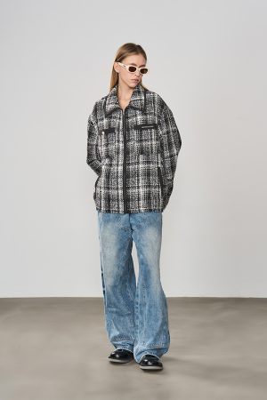 Retro Black and White Check Short Jacket with Coarse Tweed and Tassels - 90s Inspired American Fashion