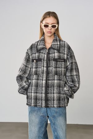 Retro Black and White Check Short Jacket with Coarse Tweed and Tassels - 90s Inspired American Fashion
