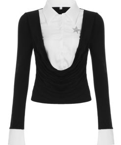 Retro Black and White Color Block Polo Collar Long Sleeve Shirt - Fake Two-Piece Design, Waist-Defining T-Shirt for Spring 2025