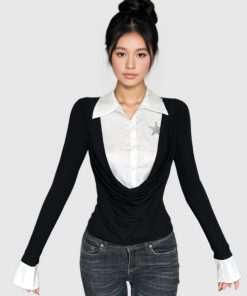 Retro Black and White Color Block Polo Collar Long Sleeve Shirt - Fake Two-Piece Design, Waist-Defining T-Shirt for Spring 2025