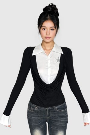 Retro Black and White Color Block Polo Collar Long Sleeve Shirt - Fake Two-Piece Design, Waist-Defining T-Shirt for Spring 2025