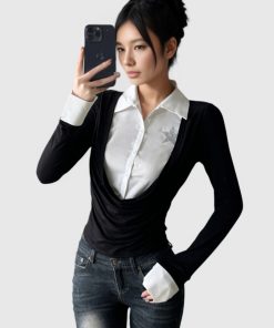 Retro Black and White Color Block Polo Collar Long Sleeve Shirt - Fake Two-Piece Design, Waist-Defining T-Shirt for Spring 2025