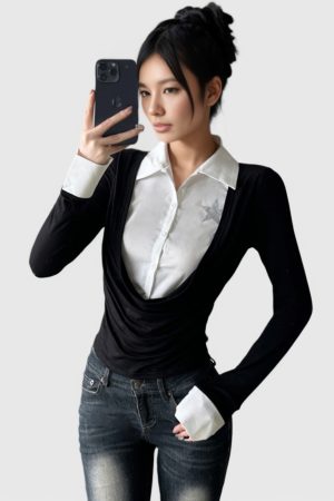 Retro Black and White Color Block Polo Collar Long Sleeve Shirt - Fake Two-Piece Design, Waist-Defining T-Shirt for Spring 2025