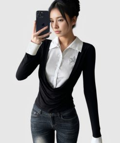 Retro Black and White Color Block Polo Collar Long Sleeve Shirt - Fake Two-Piece Design, Waist-Defining T-Shirt for Spring 2025