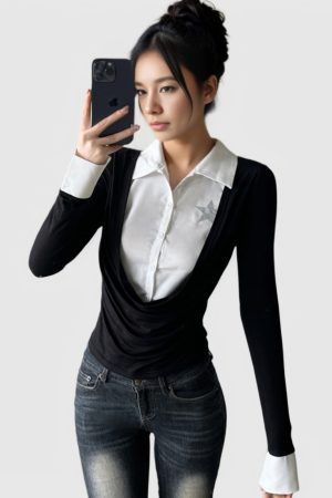 Retro Black and White Color Block Polo Collar Long Sleeve Shirt - Fake Two-Piece Design, Waist-Defining T-Shirt for Spring 2025