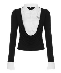 Retro Black and White Color Block Polo Collar Long Sleeve Shirt - Fake Two-Piece Design, Waist-Defining T-Shirt for Spring 2025