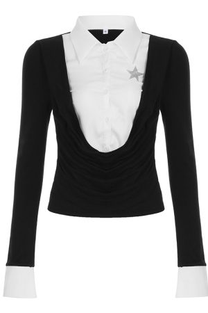 Retro Black and White Color Block Polo Collar Long Sleeve Shirt - Fake Two-Piece Design, Waist-Defining T-Shirt for Spring 2025