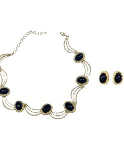 Retro Black Oval Geometric Earrings and Necklace Set for Women - Stylish Matte Gold Collarbone Chain Jewelry