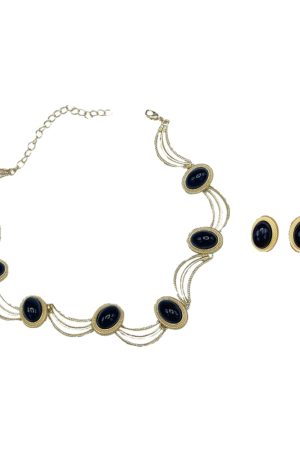 Retro Black Oval Geometric Earrings and Necklace Set for Women - Stylish Matte Gold Collarbone Chain Jewelry