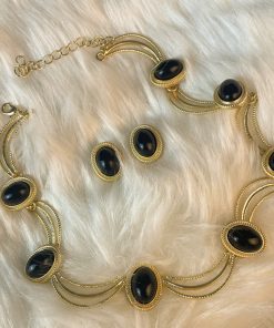 Retro Black Oval Geometric Earrings and Necklace Set for Women - Stylish Matte Gold Collarbone Chain Jewelry