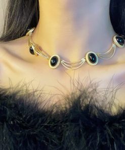 Retro Black Oval Geometric Earrings and Necklace Set for Women - Stylish Matte Gold Collarbone Chain Jewelry