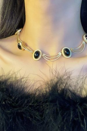 Retro Black Oval Geometric Earrings and Necklace Set for Women - Stylish Matte Gold Collarbone Chain Jewelry