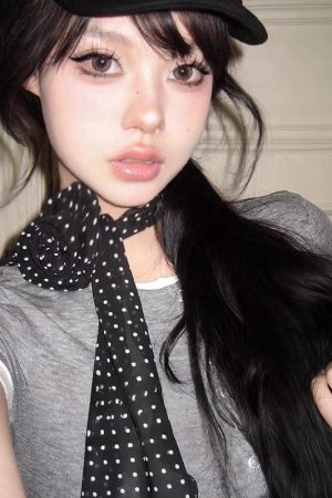 Retro Black Polka Dot Rose Long Silk Scarf - Y2K INS Style Versatile Artistic Ribbon for Spicy Girl Fashion