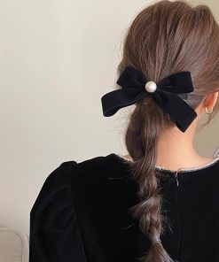 Retro Black Velvet Pearl Bow Hair Clip - Elegant Spring Clip Hairpin for Back of Head, 2025 Style, Vintage-Inspired Accessory