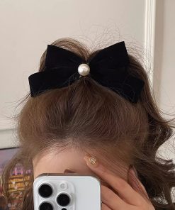 Retro Black Velvet Pearl Bow Hair Clip - Elegant Spring Clip Hairpin for Back of Head, 2025 Style, Vintage-Inspired Accessory