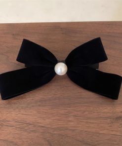 Retro Black Velvet Pearl Bow Hair Clip - Elegant Spring Clip Hairpin for Back of Head, 2025 Style, Vintage-Inspired Accessory