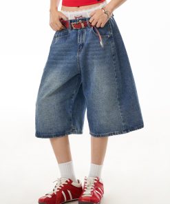 Retro Blue Denim Wide-Leg 3/4 Pants for Women - Casual American Street Style Mid-Length Shorts, Versatile Y2K Fashion