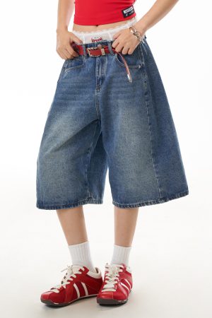 Retro Blue Denim Wide-Leg 3/4 Pants for Women - Casual American Street Style Mid-Length Shorts, Versatile Y2K Fashion