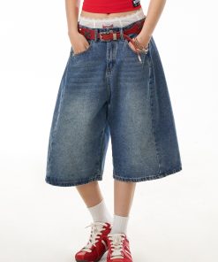 Retro Blue Denim Wide-Leg 3/4 Pants for Women - Casual American Street Style Mid-Length Shorts, Versatile Y2K Fashion