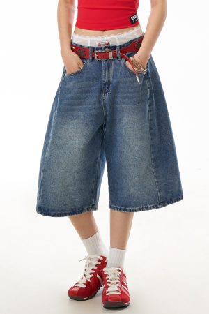 Retro Blue Denim Wide-Leg 3/4 Pants for Women - Casual American Street Style Mid-Length Shorts, Versatile Y2K Fashion