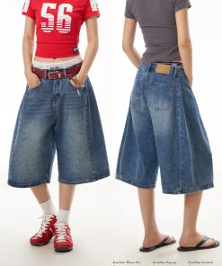 Retro Blue Denim Wide-Leg 3/4 Pants for Women - Casual American Street Style Mid-Length Shorts, Versatile Y2K Fashion
