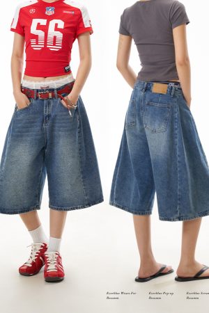 Retro Blue Denim Wide-Leg 3/4 Pants for Women - Casual American Street Style Mid-Length Shorts, Versatile Y2K Fashion