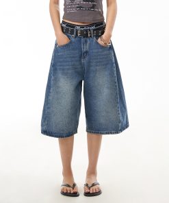 Retro Blue Denim Wide-Leg 3/4 Pants for Women - Casual American Street Style Mid-Length Shorts, Versatile Y2K Fashion