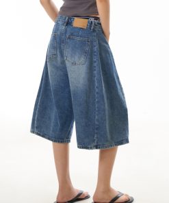 Retro Blue Denim Wide-Leg 3/4 Pants for Women - Casual American Street Style Mid-Length Shorts, Versatile Y2K Fashion