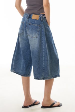 Retro Blue Denim Wide-Leg 3/4 Pants for Women - Casual American Street Style Mid-Length Shorts, Versatile Y2K Fashion