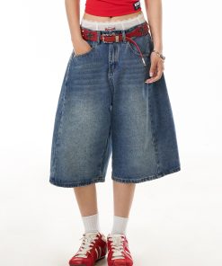 Retro Blue Denim Wide-Leg 3/4 Pants for Women - Casual American Street Style Mid-Length Shorts, Versatile Y2K Fashion