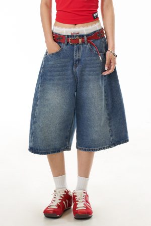 Retro Blue Denim Wide-Leg 3/4 Pants for Women - Casual American Street Style Mid-Length Shorts, Versatile Y2K Fashion