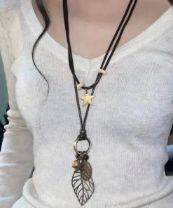 Retro Bohemian Hollow Leaf Pendant Necklace for Women - Versatile Double-Layer Sweater Chain Accessory in Chinese Style
