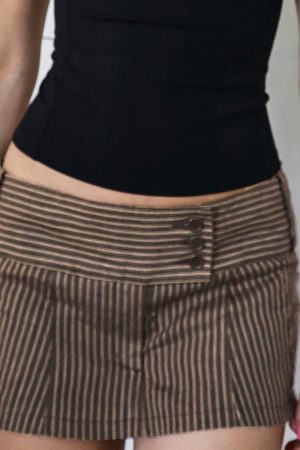Retro Brown Striped Bodycon Skirt with Three-Button Detail - High Intelligence Long-termism Low-Waist Fashion Skirt