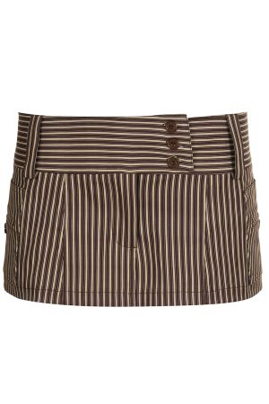 Retro Brown Striped Bodycon Skirt with Three-Button Detail - High Intelligence Long-termism Low-Waist Fashion Skirt