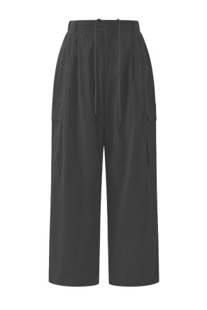 Retro Cargo-Style Drawstring Wide-Leg Pants for Women - Casual Straight-Leg Design with Large Pockets