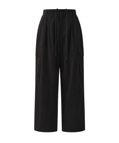 Retro Cargo-Style Drawstring Wide-Leg Pants for Women - Casual Straight-Leg Design with Large Pockets